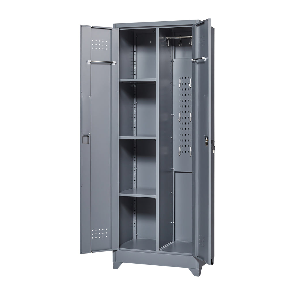 Grey Heavy Duty Metal Storage Cabinet with Locking Doors, Hanging Rod & Shelves, 65' H Broom Closet for Garage or Basement - 