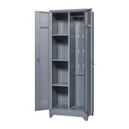 Grey Heavy Duty Metal Storage Cabinet with Locking Doors, Hanging Rod & Shelves, 65' H Broom Closet for Garage or Basement - 