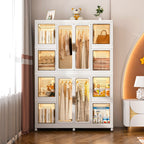 Portable Wardrobe Closet Storage Organizer for Clothes with Magnetic Doors, 12 Cubes & 2 Hanging Rods, White - Grand Goldman Shop