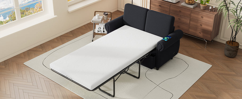 Orisfur Pull Out Sofa Bed Loveseat Sleeper with Twin Size Memory Foam Mattress & USB Ports, Black Linen - Grand Goldman Shop
