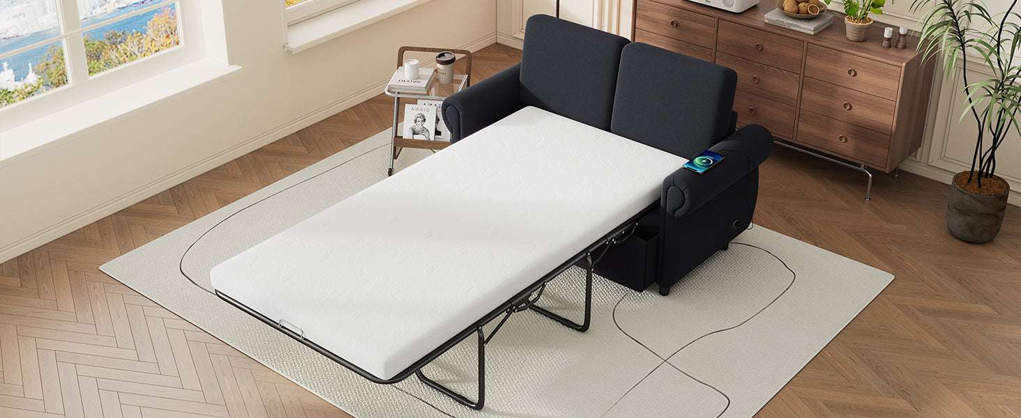 Orisfur Pull Out Sofa Bed Loveseat Sleeper with Twin Size Memory Foam Mattress & USB Ports, Black Linen - Grand Goldman Shop