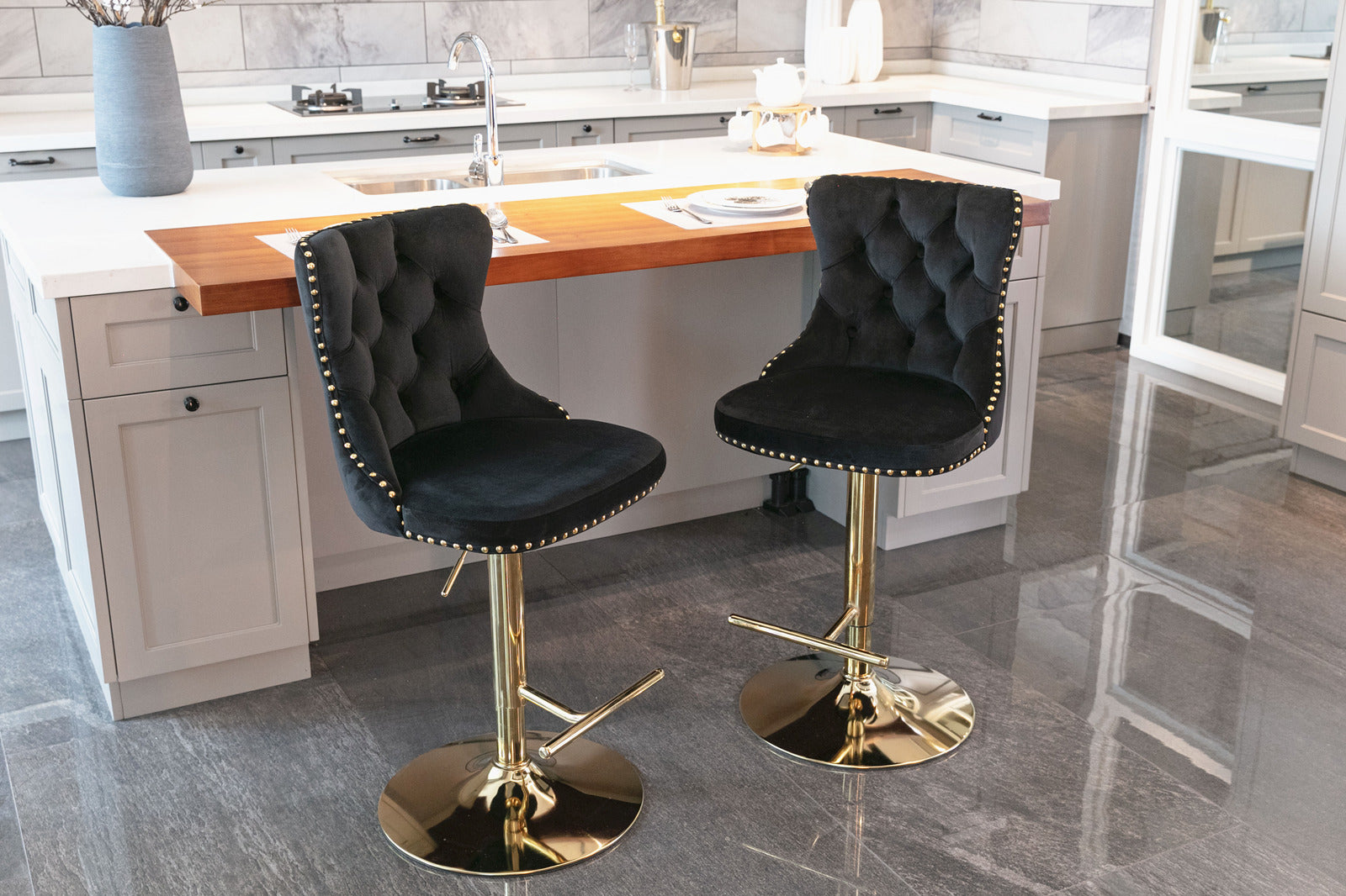 A&A Furniture,Golden Swivel Velvet Barstools Adjusatble Seat Height from 25-33 Inch, Modern Upholstered Bar Stools with Backs Comfortable Tufted for Home Pub and Kitchen Island（Black,Set of 2） - Grand Goldman Shop