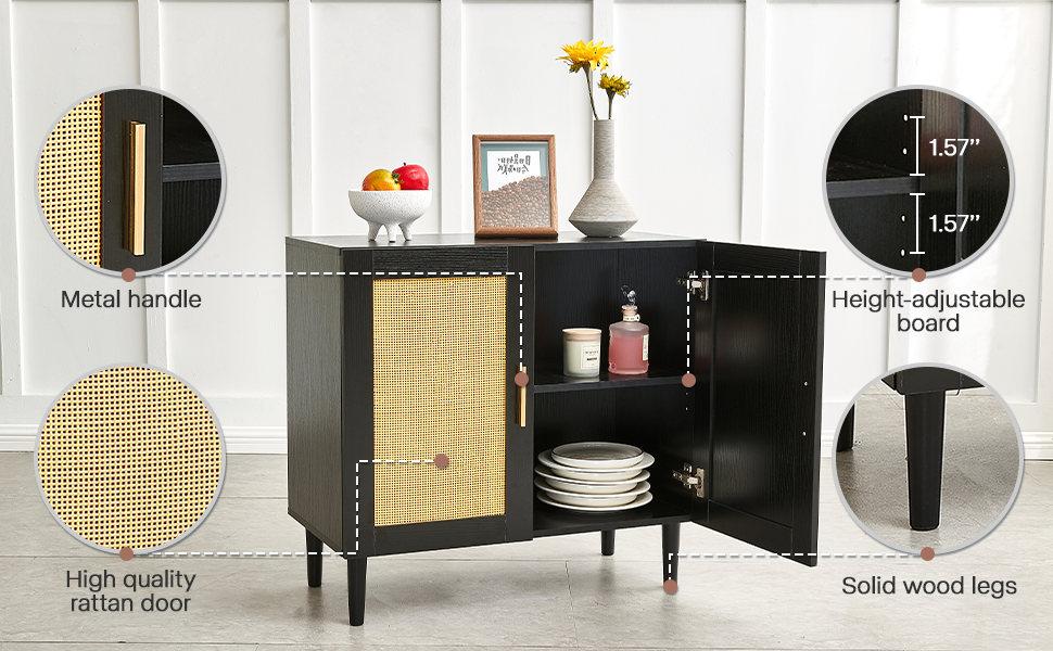 Side panel buffet cabinet with natural rattan door, rattan storage cabinet with adjustable shelves, side panel and buffet with storage space, modern console cabinet in bedroom and living room - Grand Goldman Shop