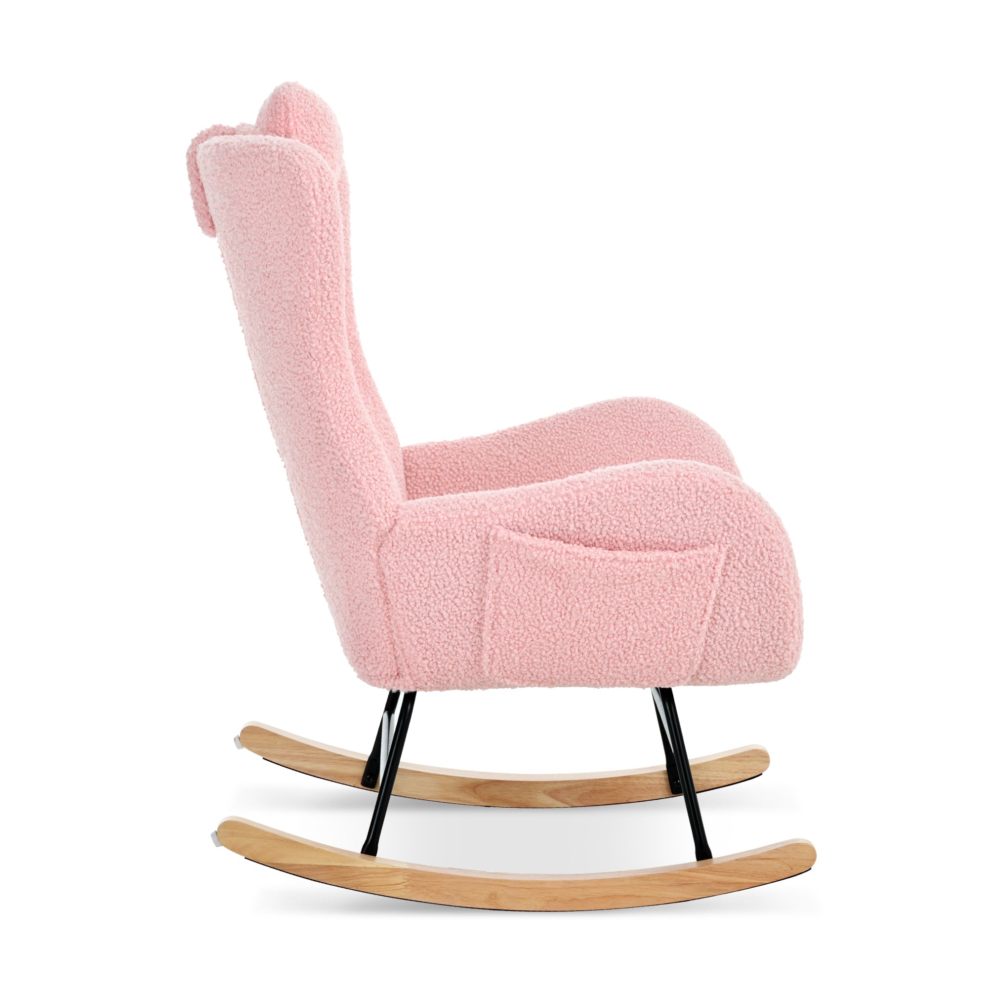Rocking Chair Nursery, Teddy Upholstered Rocker Glider Chair with High Backrest, Adjustable Headrest & Pocket, Comfy Glider Chair for Nursery, Bedroom, Living Room, Offices, Rubber wood, pink - Grand Goldman Shop
