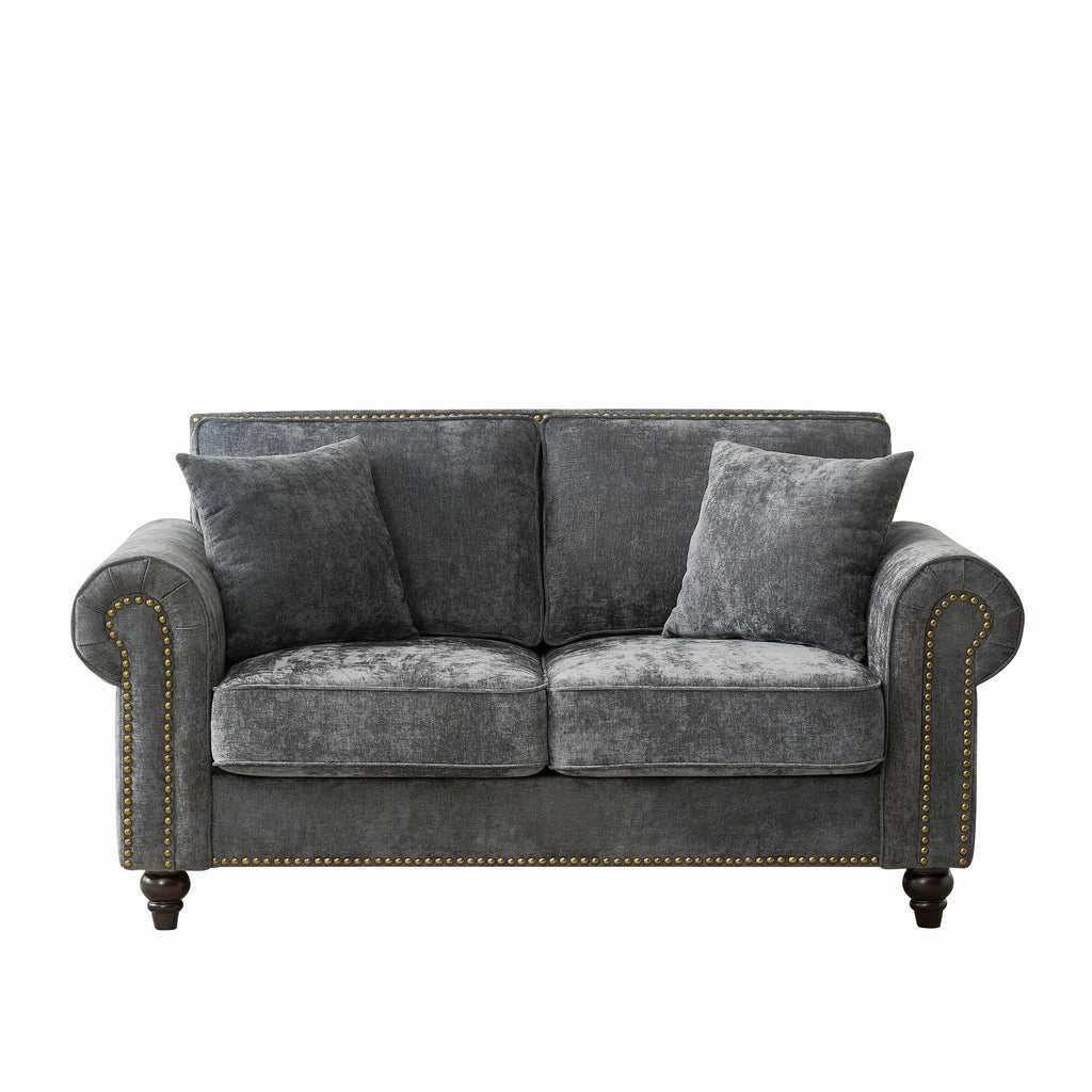 Modern 2-Seater Sofa with Rolled Arms, Tufted Upholstered Couch in Gray Fabric, 63 Inches - Grand Goldman Shop
