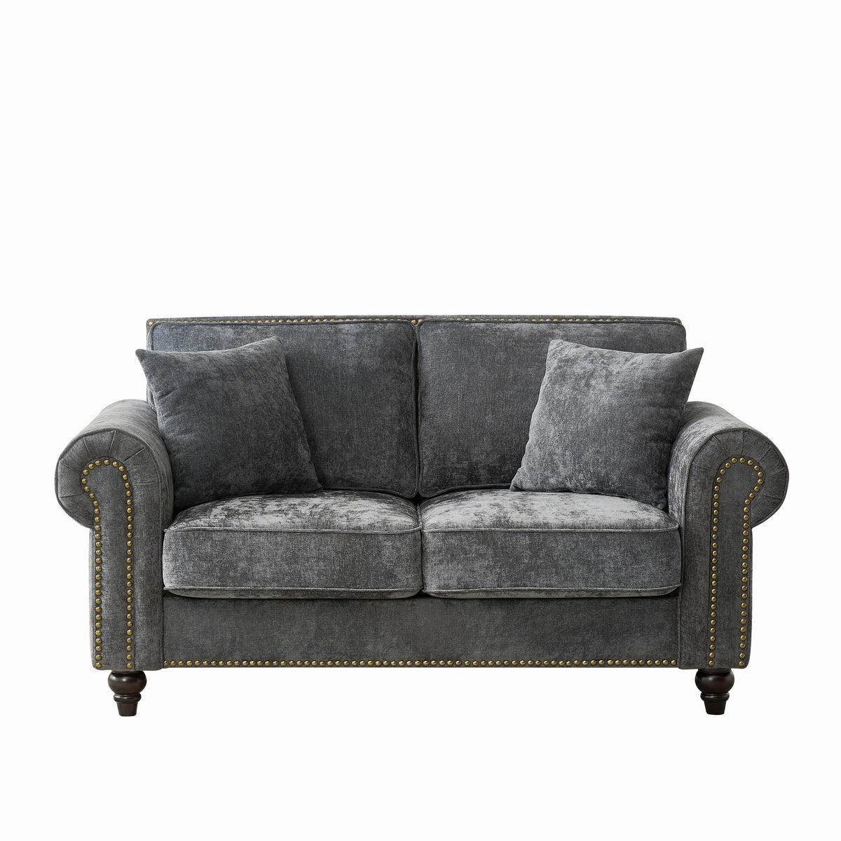 Modern 2-Seater Sofa with Rolled Arms, Tufted Upholstered Couch in Gray Fabric, 63 Inches - Grand Goldman Shop