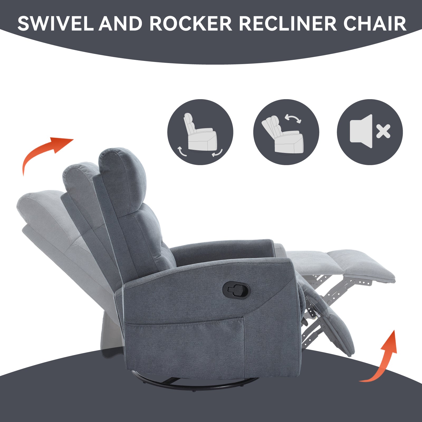 Manual Recliner Chair with Rocker and Swivel in Fabric for Living Room, Grey - Grand Goldman Shop