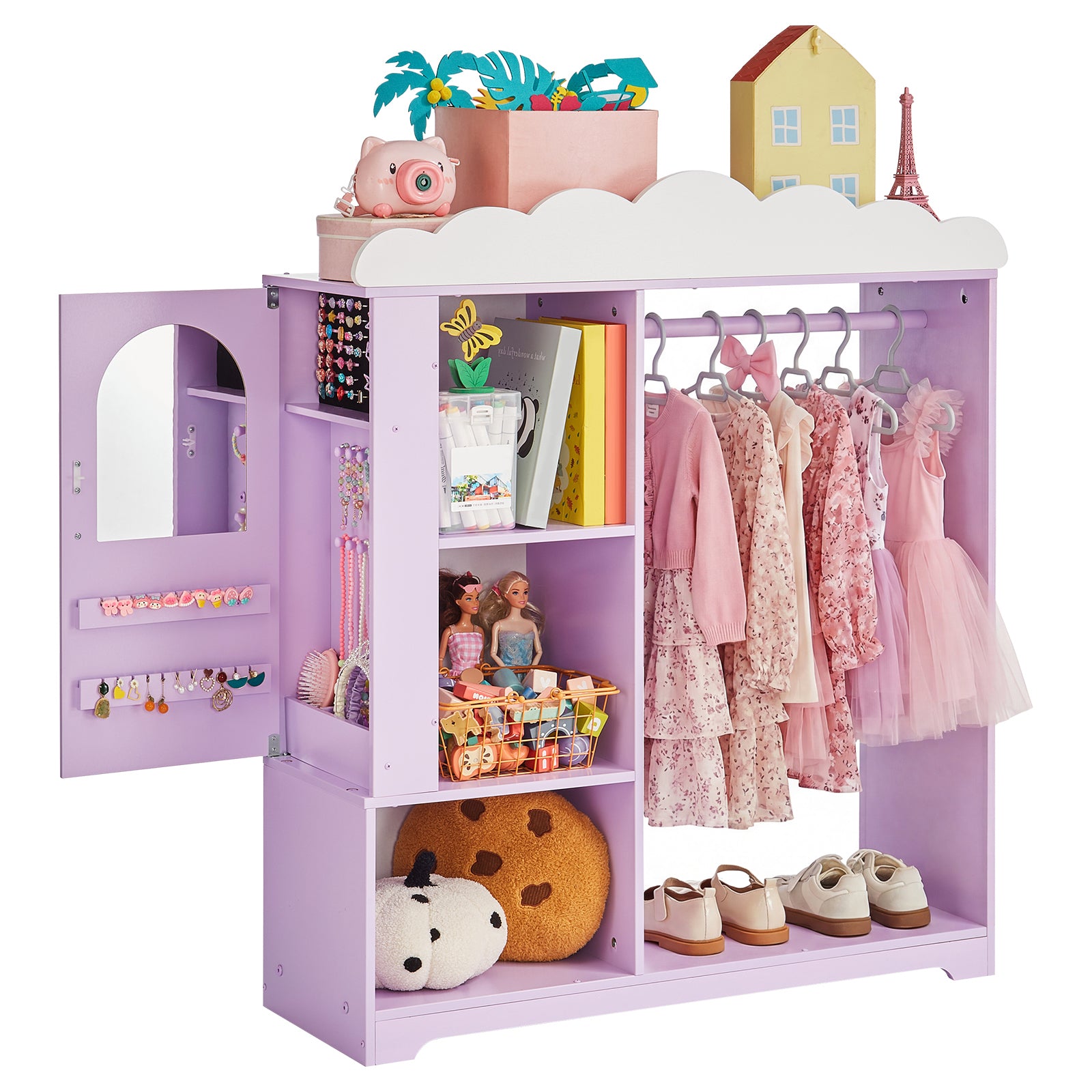 Kids Dress Up Storage, with Jewelry Cabinet, Dress Up Closet with Mirror and Shelves, Princess Costumes Wardrobe Closet, Todd