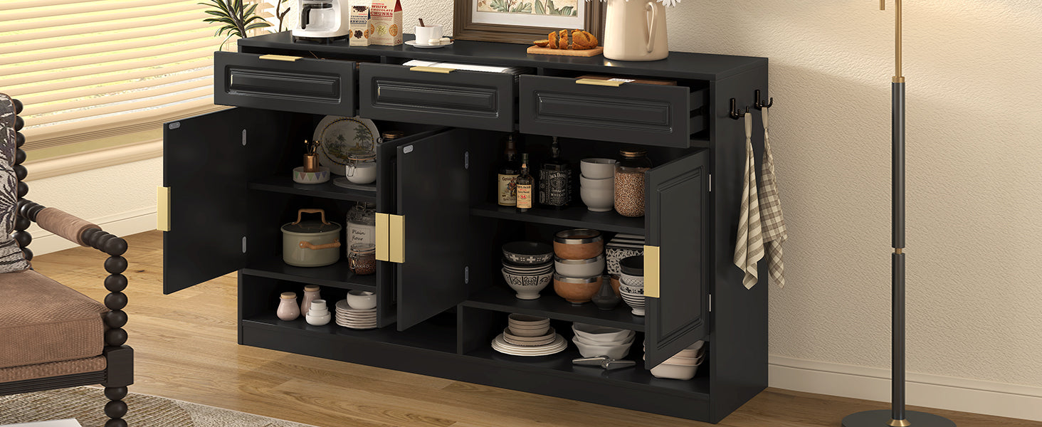 U-Style Farmhouse Sideboard with 3 Drawers & 4 Doors,59.1' Multi-Functional Storage Buffet with Adjustable Shelf and Open Storage Compartments, Suitable for Dining Room, Living Room, Entryway. - Grand Goldman Shop