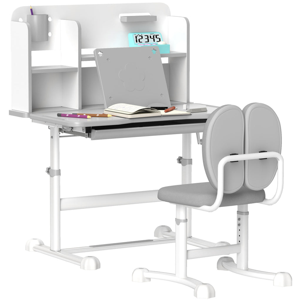 Qaba Kids Desk and Chair Set, Height Adjustable Kids School Study Desk and Chair Set with Tilt Desktop, Storage Drawer and Re