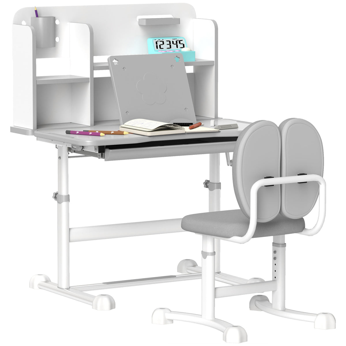 Qaba Kids Desk and Chair Set, Height Adjustable Kids School Study Desk and Chair Set with Tilt Desktop, Storage Drawer and Re