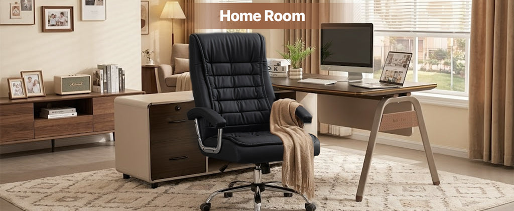 Executive Office Chair High Back PU Leather Desk Chair with Spring Seat Cushion, Ergonomic Swivel Computer Chair with Chrome 