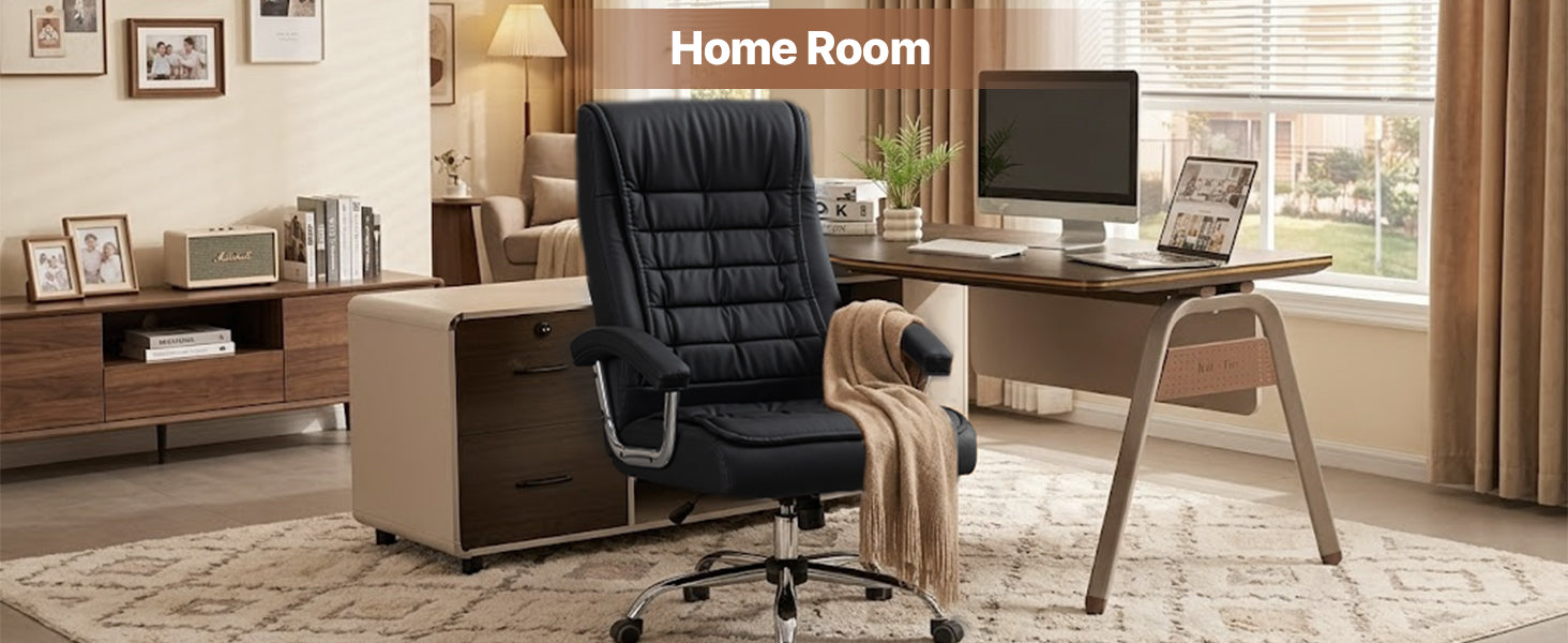 Executive Office Chair High Back PU Leather Desk Chair with Spring Seat Cushion, Ergonomic Swivel Computer Chair with Chrome 