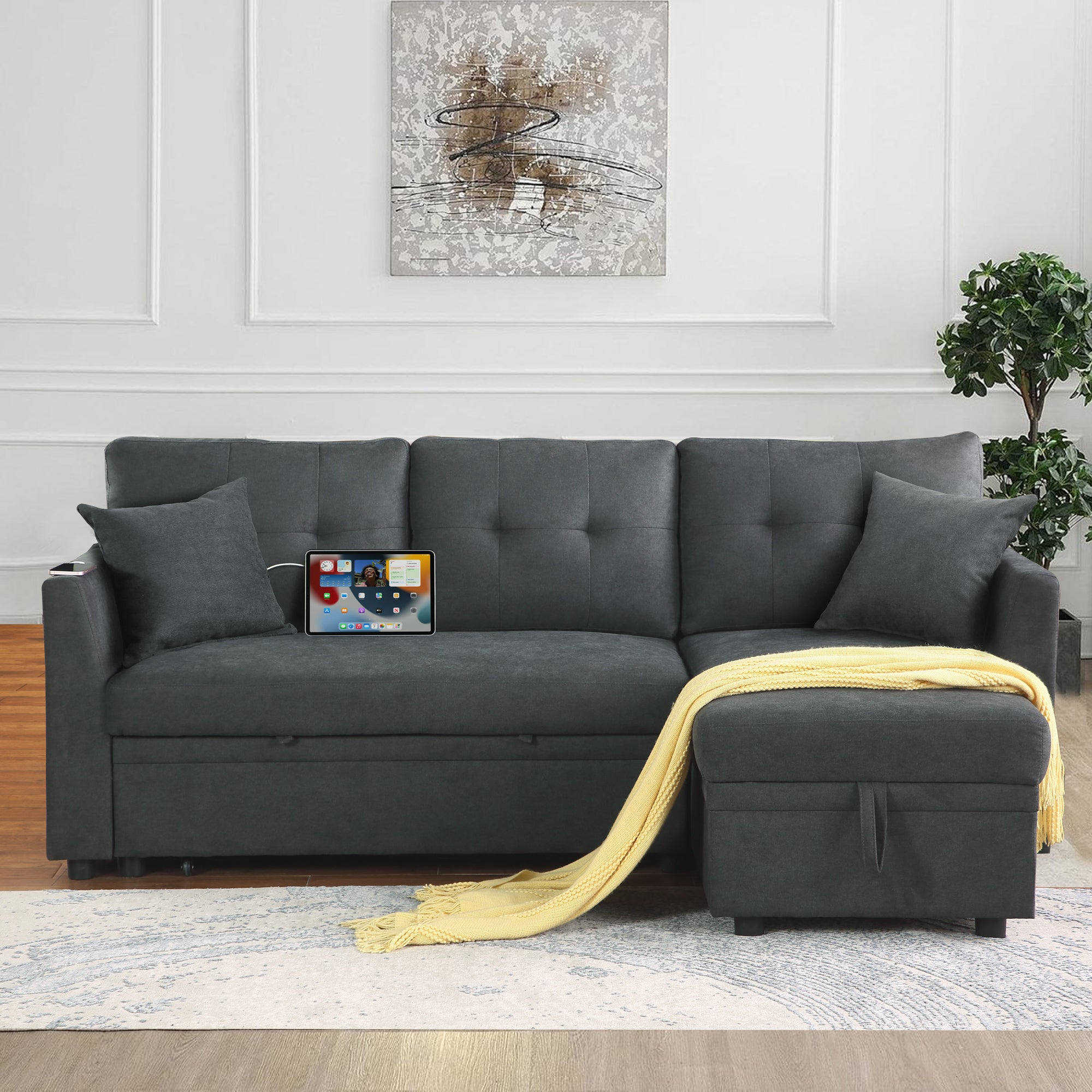 Sectional Sofa Bed L-Shaped Sofa Couch Bed with USB Port, Reversible Sofa Couch Sleeper with Pull Out Bed, Chaise with Storage, Pull Out Couch for Living Room - Grand Goldman Shop