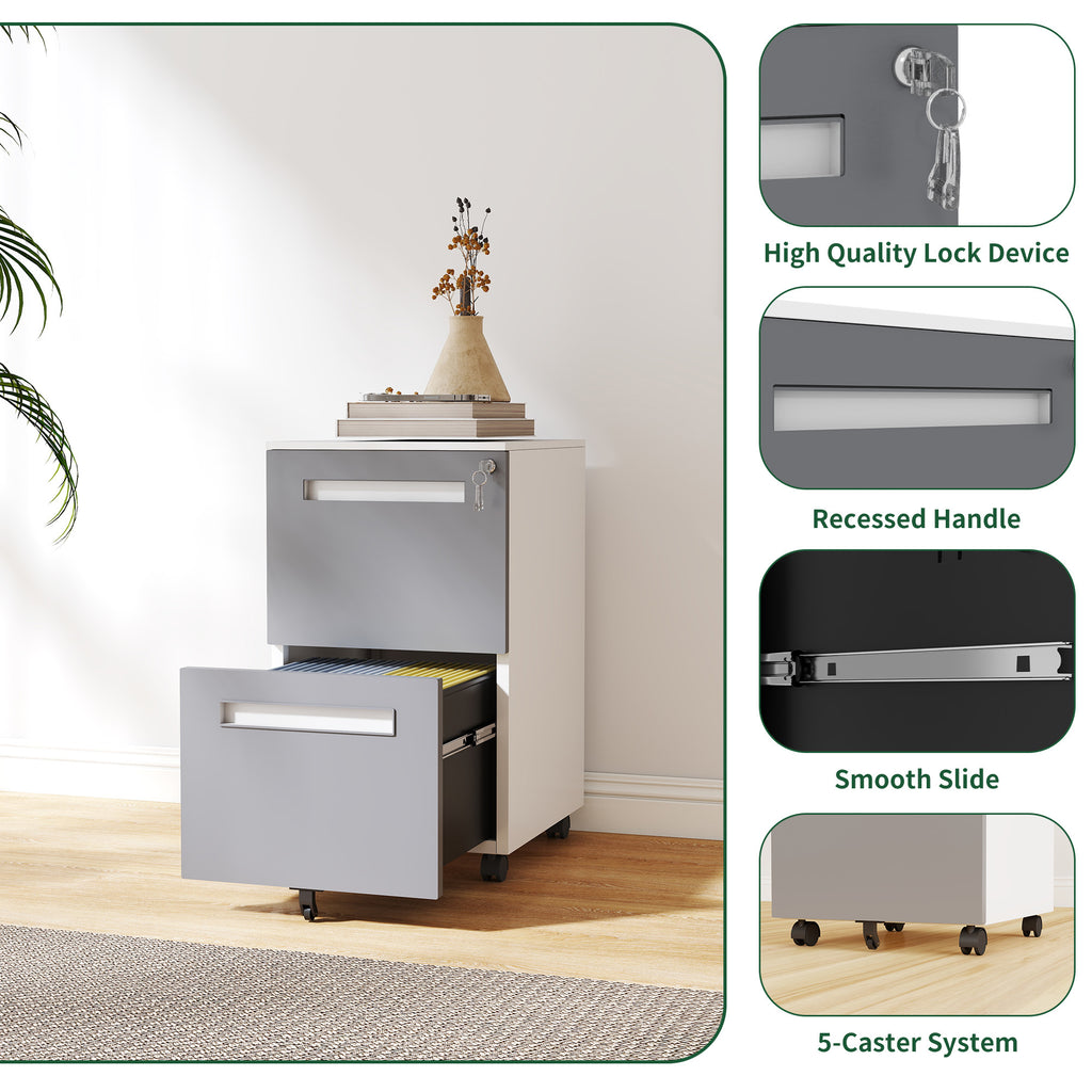 Stylish 2-Drawer Mobile File Cabinet with Lock, All-Steel Metal Storage Cabinet on 360° Wheels, White Finish, Holds A4/Letter