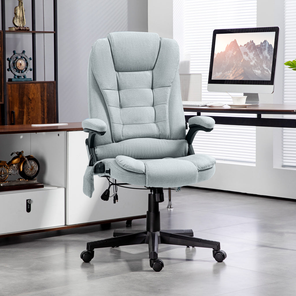 HOMCOM 6 Point Vibrating Massage Office Chair with Heat, Linen High Back Executive Office Chair with Reclining Backrest, Padd