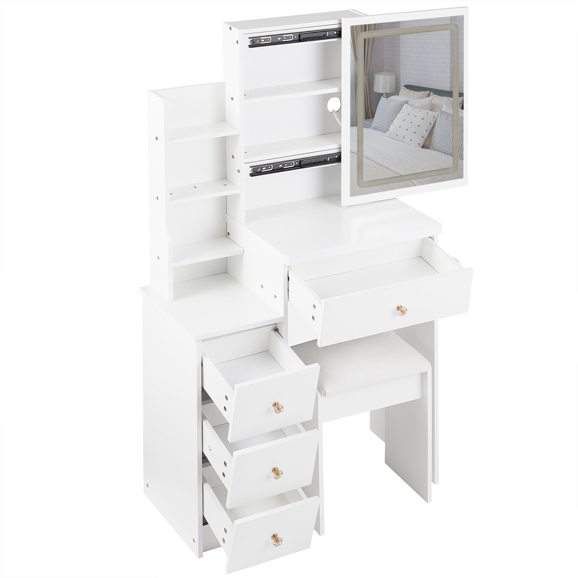 29.2' Small Size Bedside Cabinet Vanity Table + Cushioned Stool, 2 AC+2 USB Power Station, Hair dryer bracket, Extra Large Touch Control Sliding LED Mirror, 3-color Switching, EPA, GCC, UL Certificate - Grand Goldman Shop