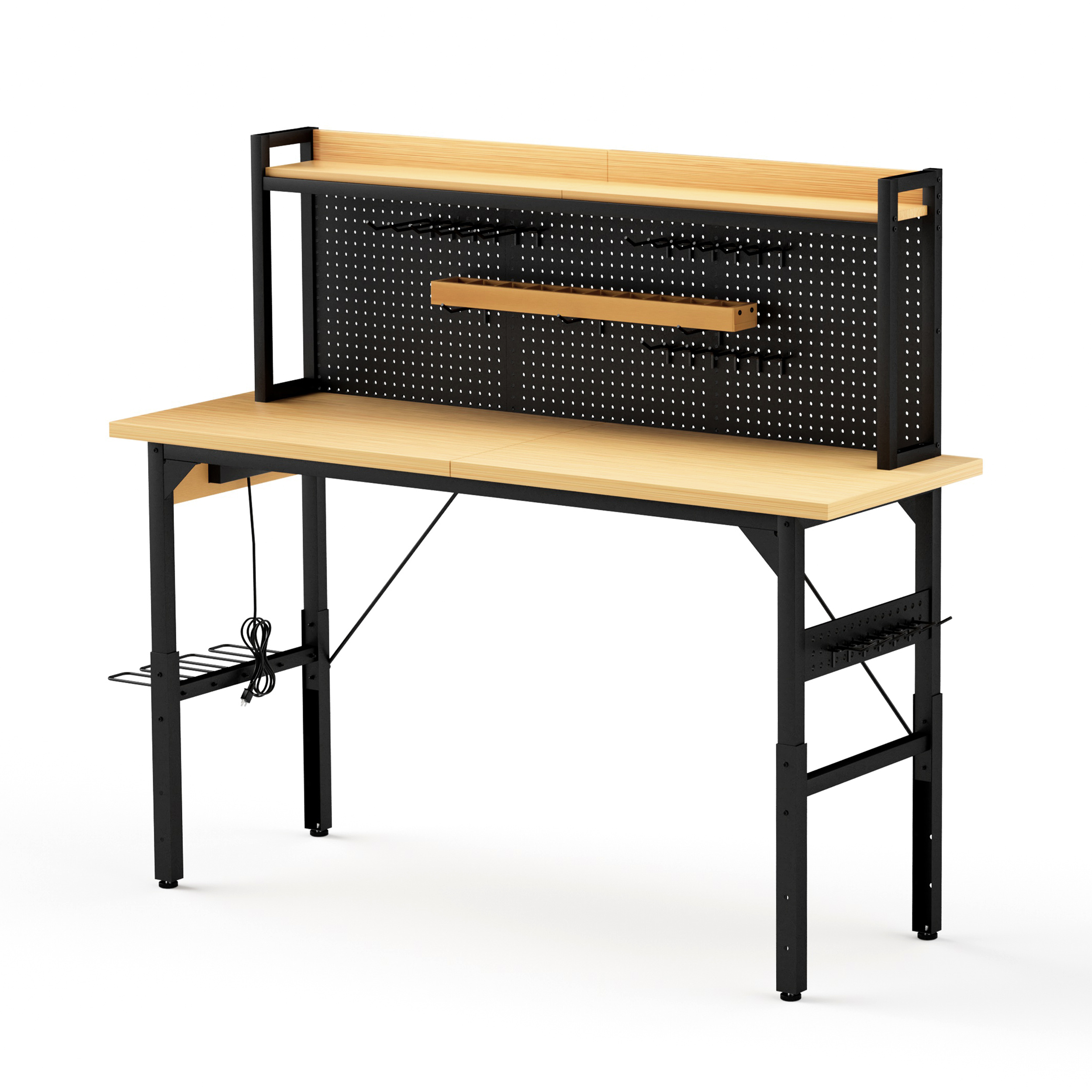 71''Adjustable Workbench with pegboard, Heavy Duty Wooden Desktop Workbench with Wheels, 1600 lb. Load Capacity, Rolling Work