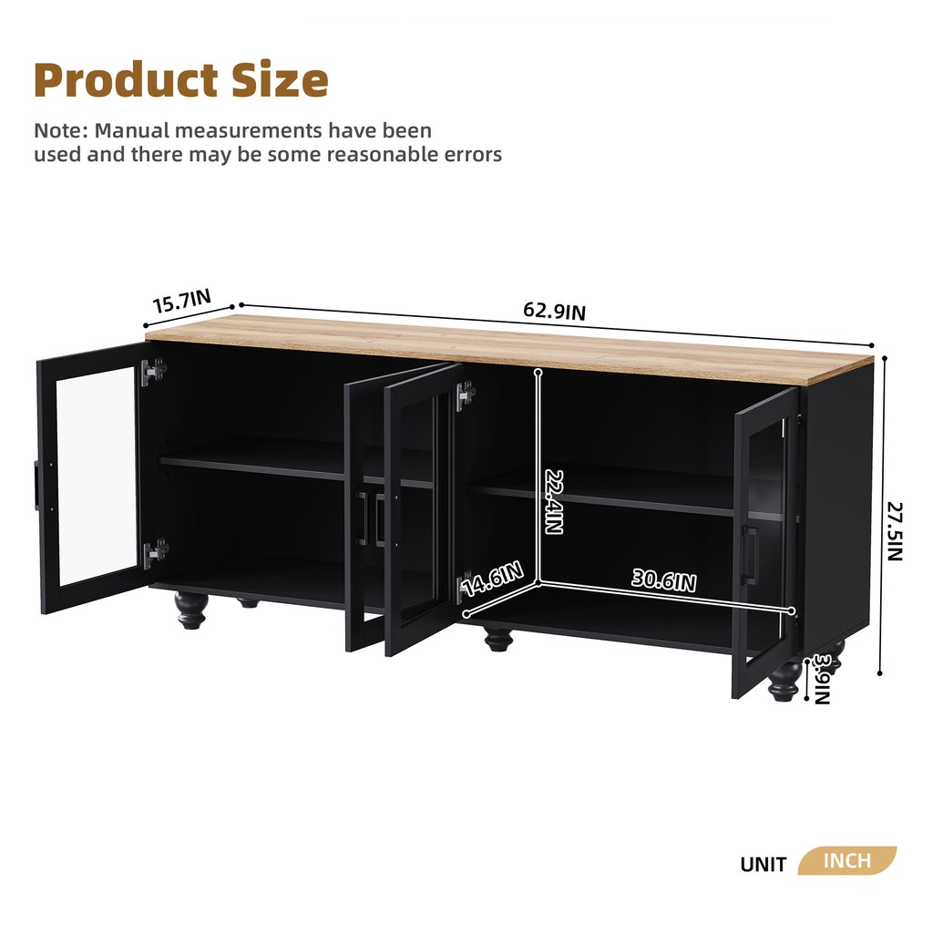 ON-TREND Farmhouse TV Stand with Tempered Glass Doors for TVs Up to 70', Versatile Sideboard with Adjustable Shelves, Elegant Buffet Cabinet with 5 Solid Wood Gourd-Shaped Legs for Living Room, Black - Grand Goldman Shop