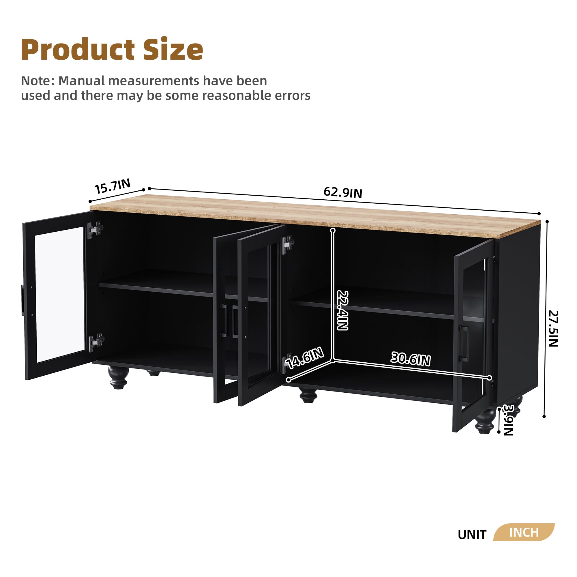 ON-TREND Farmhouse TV Stand with Tempered Glass Doors for TVs Up to 70', Versatile Sideboard with Adjustable Shelves, Elegant Buffet Cabinet with 5 Solid Wood Gourd-Shaped Legs for Living Room, Black - Grand Goldman Shop