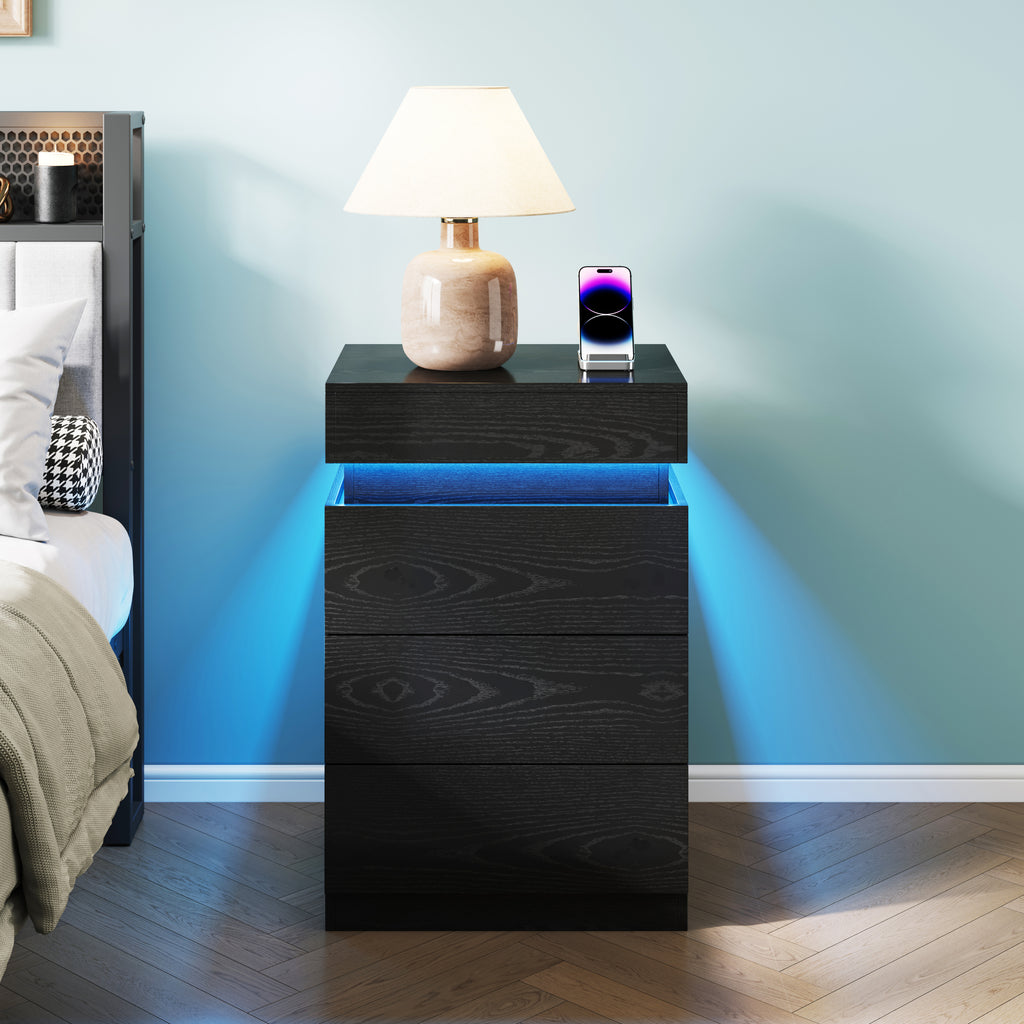 Nightstand with Built-In Charging Station and LED Lighting, 3-Drawer Sliding-Top Modern Bedside Table, Black Wooden End Table - Grand Goldman Shop