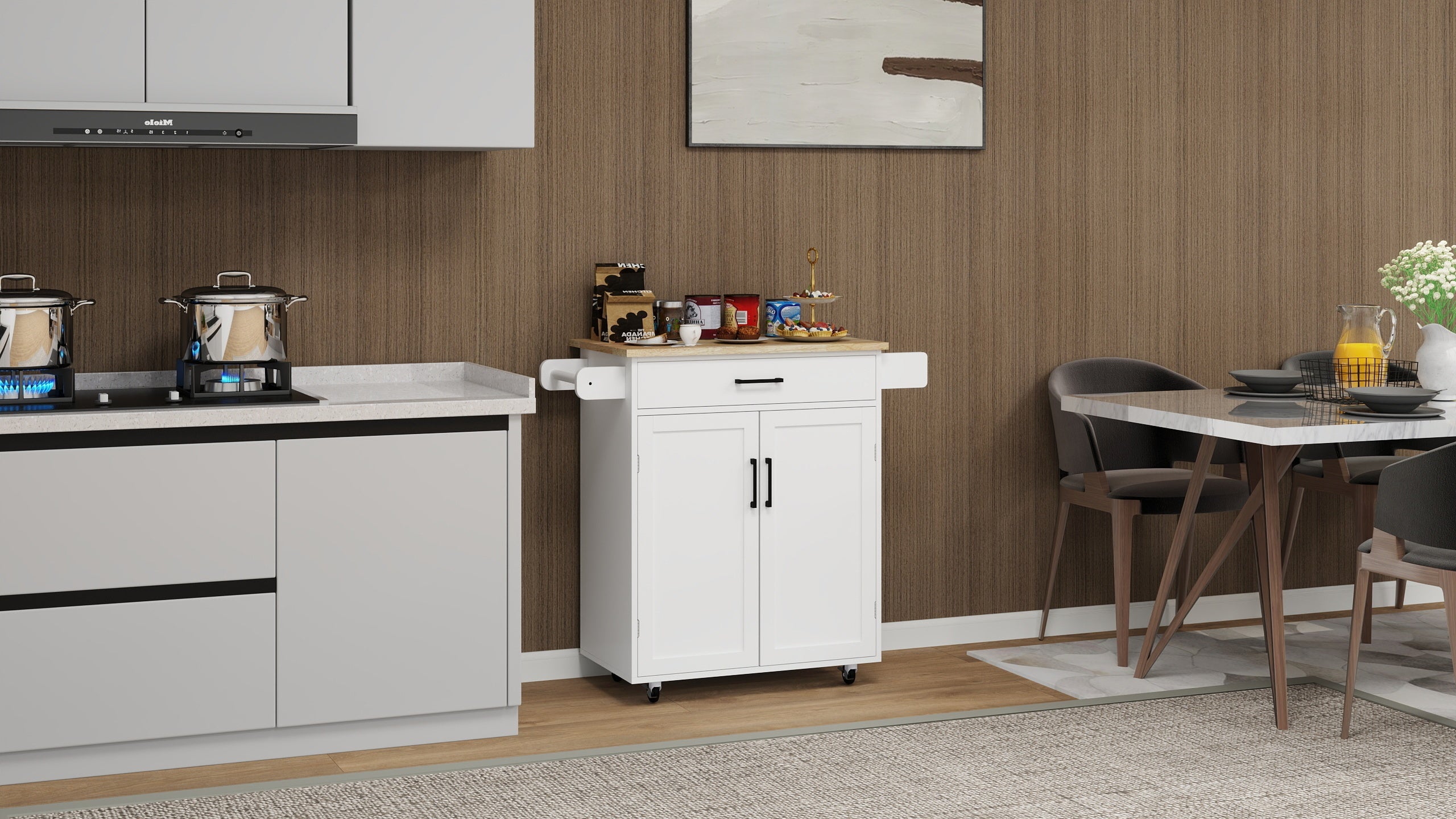 Kitchen island rolling trolley cart with 1 drawer & 2 doors with storage racks & Adjustable Shelves & towel rack & seasoning rack rubber wood table top-White - Grand Goldman Shop