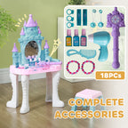 Qaba Kids Vanity Set with Mirror and Stool, Castle Design Makeup Table with Light, Music, Hair Dryer, 18 Accessories, Girls P