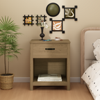 Wood Nightstand with Drawer and Open Shelf, Modern Bedside Table with Storage, Wooden End Table for Bedroom, Living Room or Apartment, Natural Finish, Brown - Grand Goldman Shop