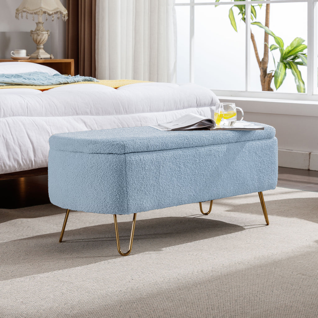 Blue Storage Ottoman Bench for End of Bed Gold Legs, Modern Grey Faux Fur Entryway Bench Upholstered Padded with Storage for Living Room Bedroom - Grand Goldman Shop