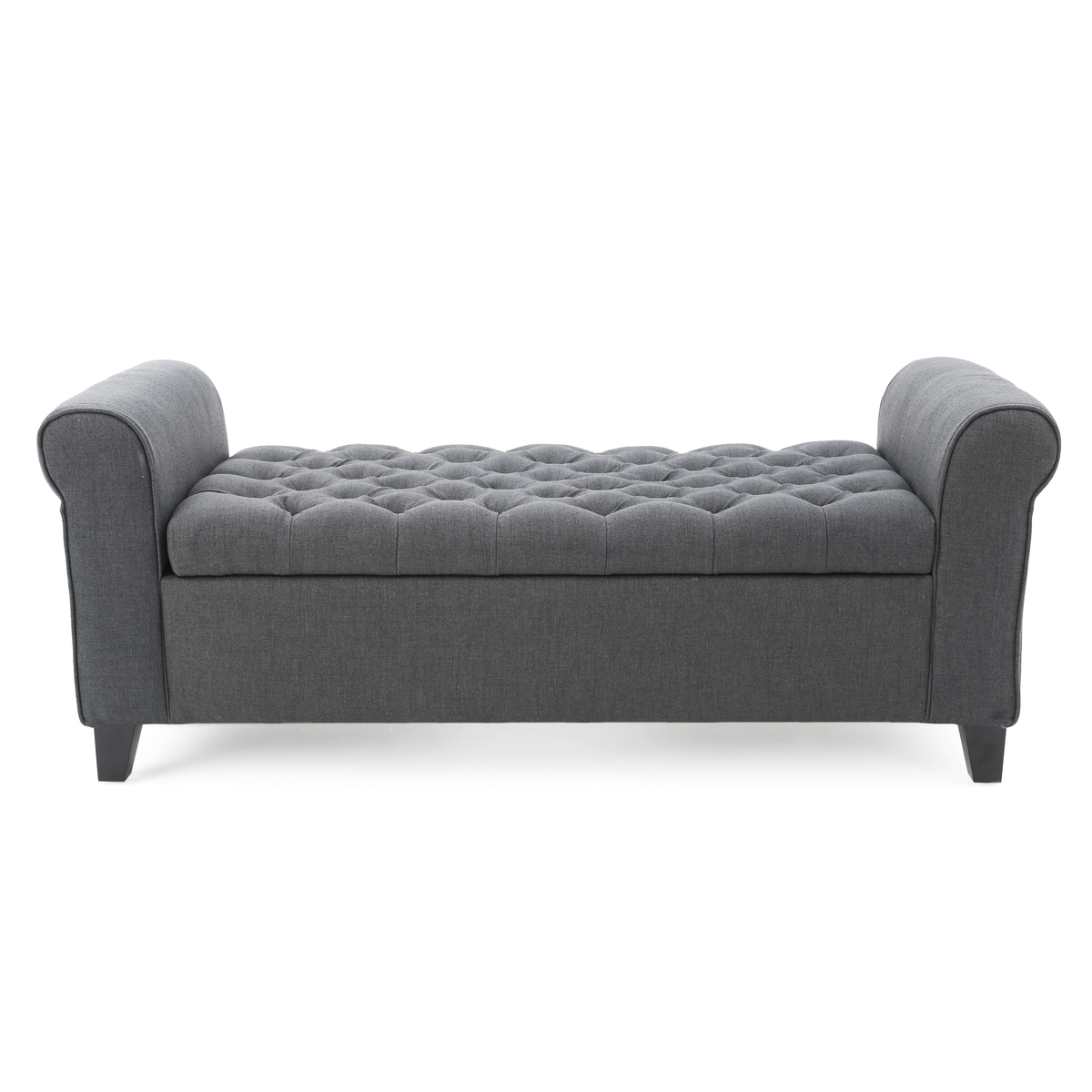 HAYES Contemporary Armed Storage Bench with Rolled Arms and Button Tufting in Dark Gray Fabric - Grand Goldman Shop