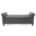 HAYES Contemporary Armed Storage Bench with Rolled Arms and Button Tufting in Dark Gray Fabric - Grand Goldman Shop