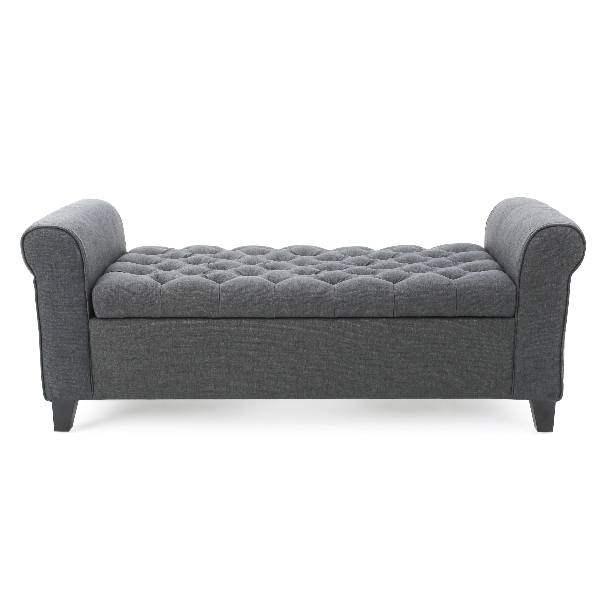 HAYES Contemporary Armed Storage Bench with Rolled Arms and Button Tufting in Dark Gray Fabric - Grand Goldman Shop