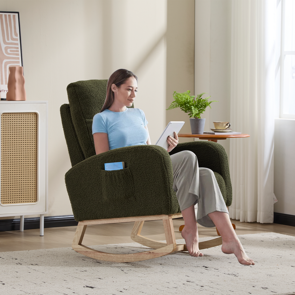 Modern Accent Rocking Chair Rocking Chair with Solid Wood Legs, Upholstered Nursery Glider Rocker, Comfy Armchair with Side Pocket, Living Room Lounge Arm Chair with High Backrest (green,teddy) - Grand Goldman Shop