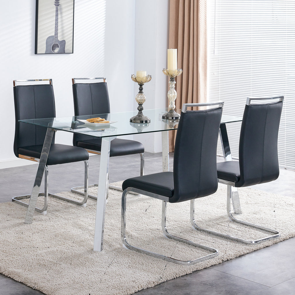 A modern minimalist rectangular glass dining table with tempered glass tabletop and silver metal legs, suitable for kitchens, restaurants, and living rooms,63'*35.4'*30' - Grand Goldman Shop