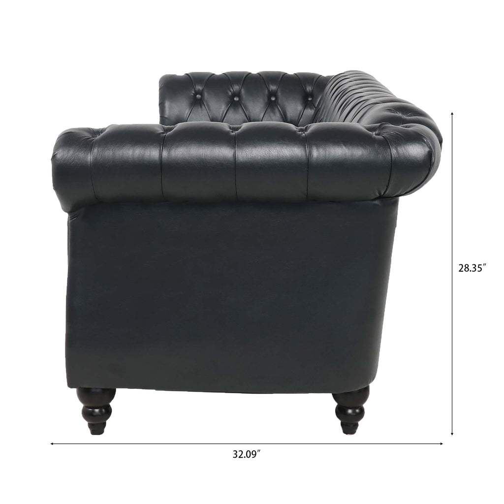84.65' BLACK PU Rolled Arm Chesterfield Three Seater Sofa. - Grand Goldman Shop
