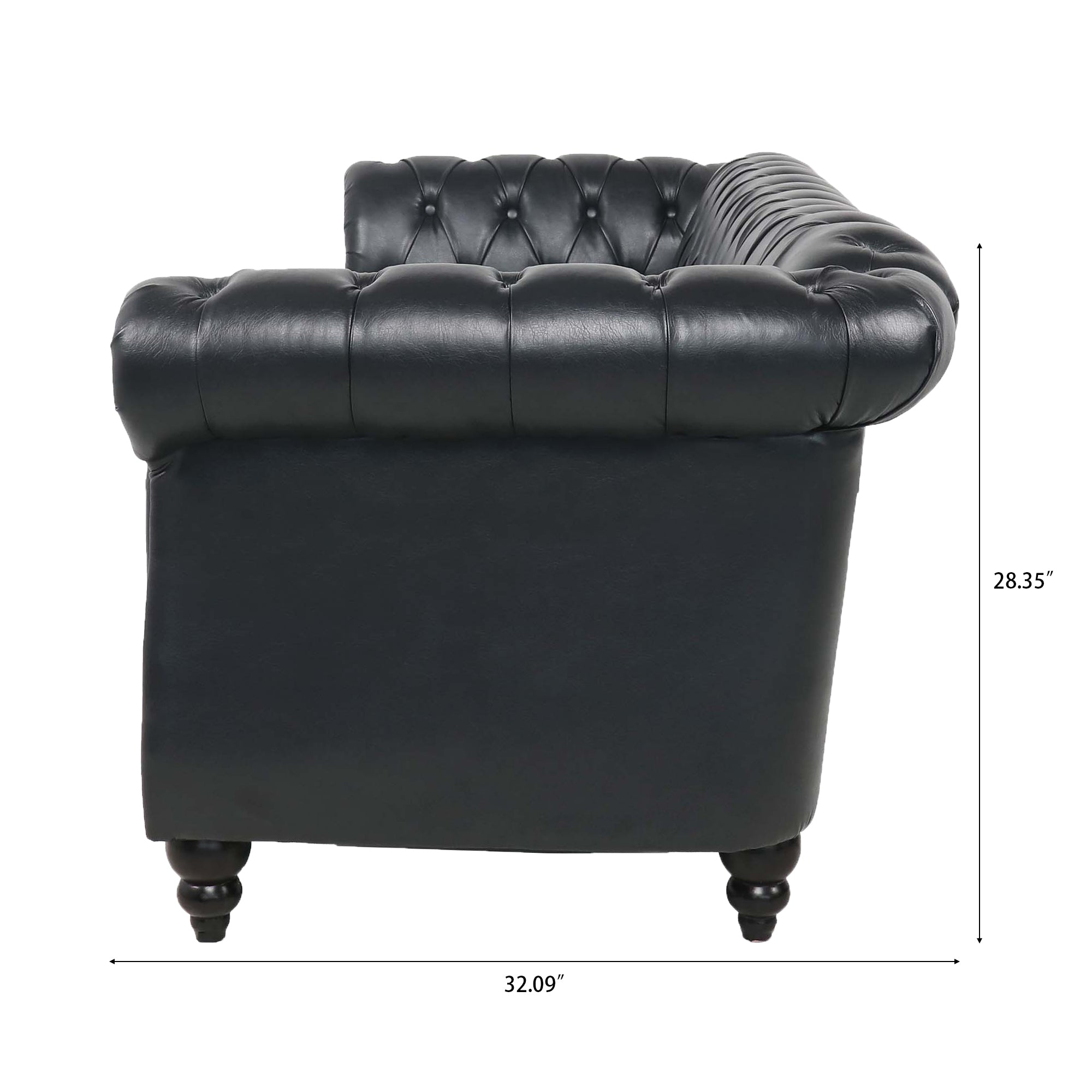 84.65' BLACK PU Rolled Arm Chesterfield Three Seater Sofa. - Grand Goldman Shop