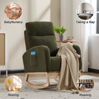 Modern Accent Rocking Chair Rocking Chair with Solid Wood Legs, Upholstered Nursery Glider Rocker, Comfy Armchair with Side Pocket, Living Room Lounge Arm Chair with High Backrest (green,teddy) - Grand Goldman Shop
