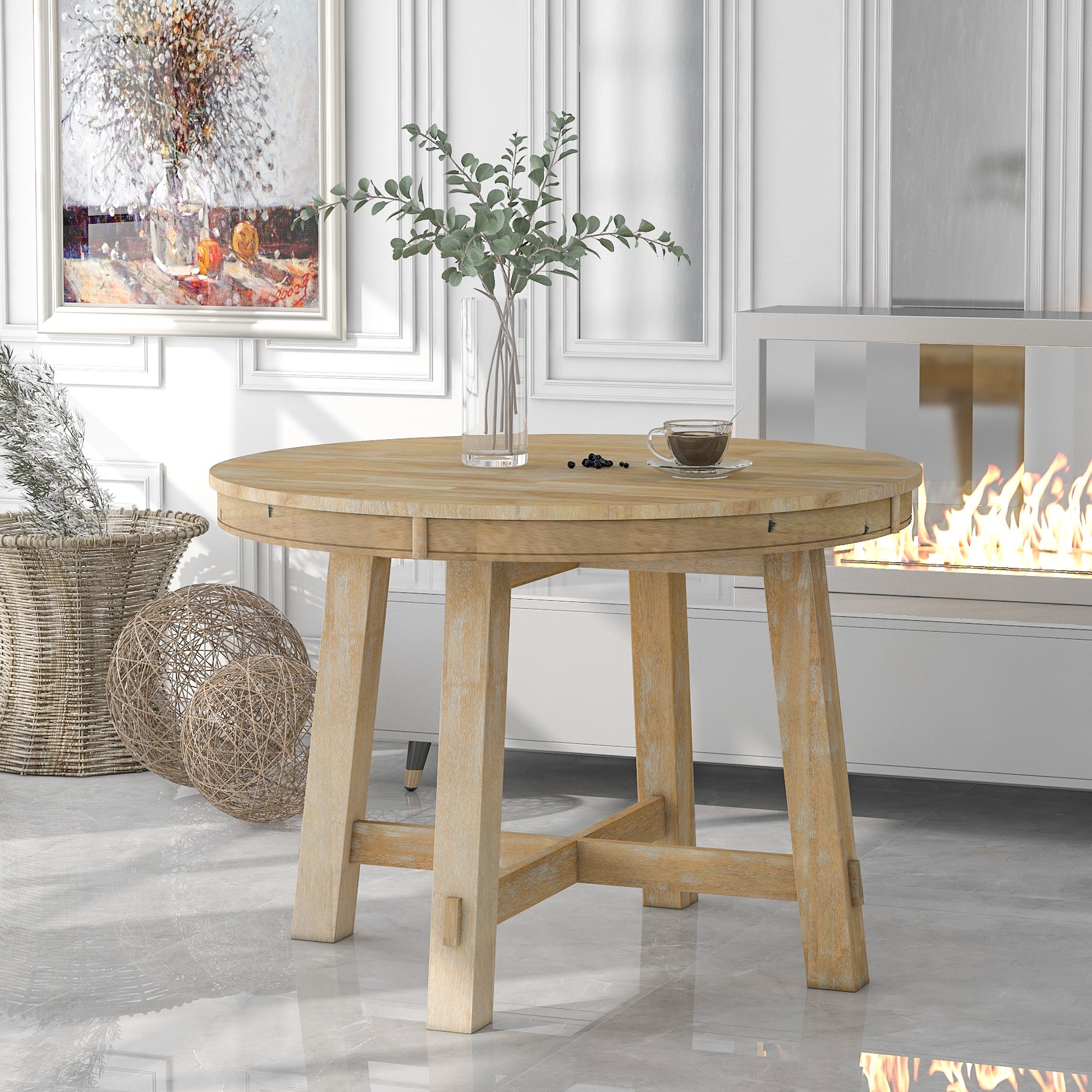 Gia Round Extendable Dining Table with 16' Leaf Wood, Natural - Grand Goldman Shop