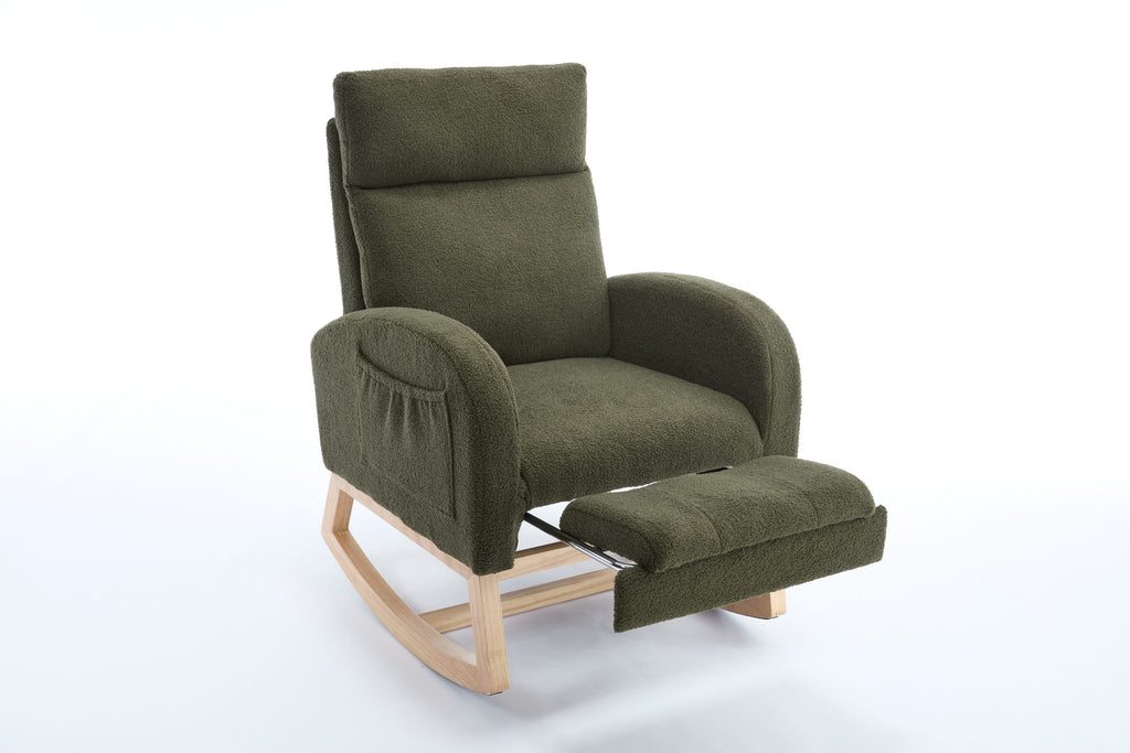 015B-Teddy Fabric Leisure Rocking Chair,Nursery Rocking Chair With Adjustable Footstool,Thickened Headrest And High Backrest, Storage Pocket On The Right Side,The Base Rocker Is Solid Wood,Green - Grand Goldman Shop