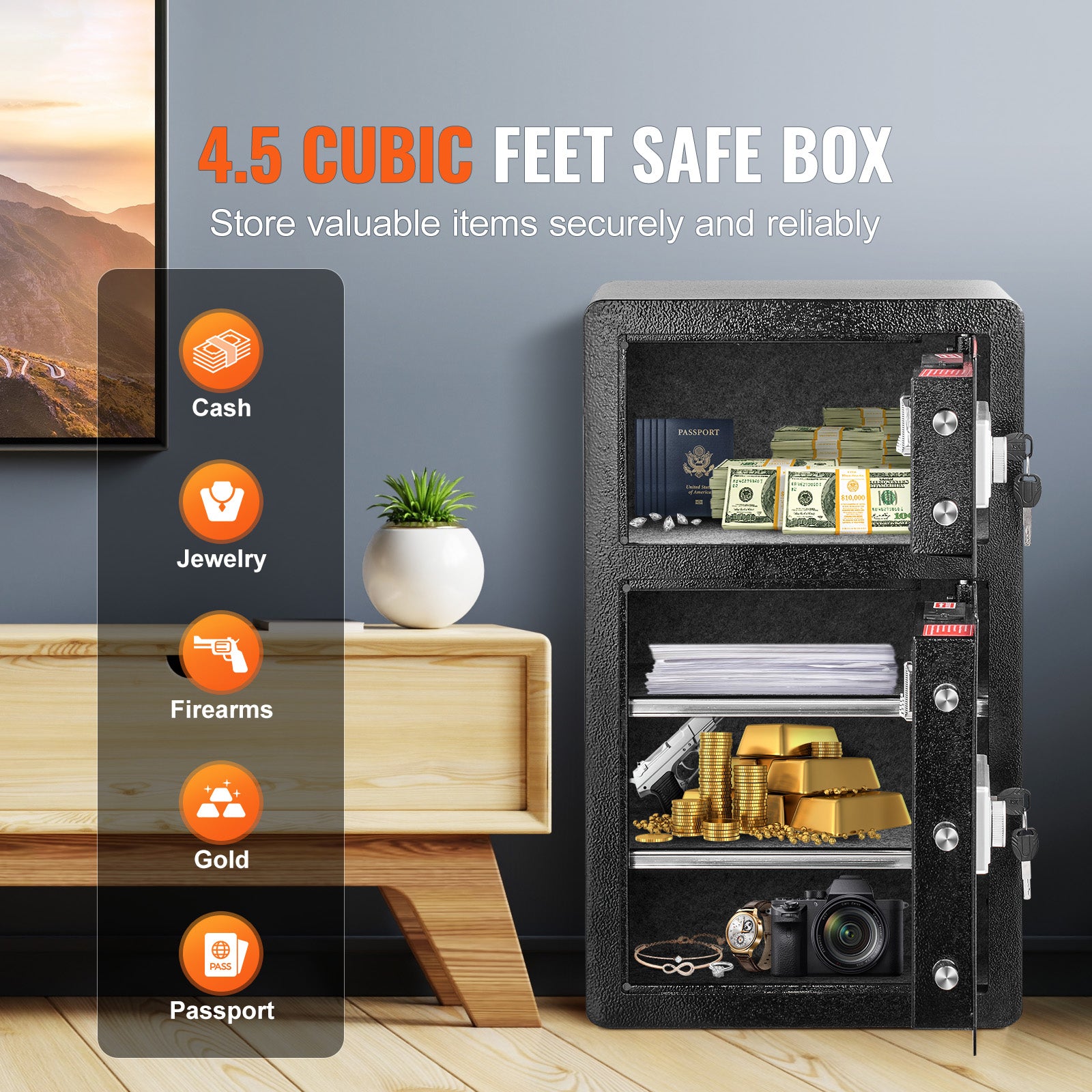 Double Door 4.5 cu.ft Safe Box with Key Lock Password Fireproof Bag Black,organize cash, passports, jewelry, gold, watches an
