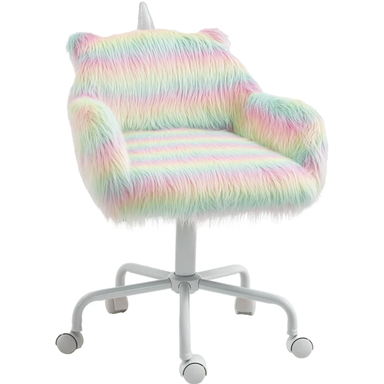 Rainbow Fuzzy Unicorn Office Chair, Plush Desk Chair with Swivel Base, Whimsical & Cozy for Playroom & Office | Premium Home 