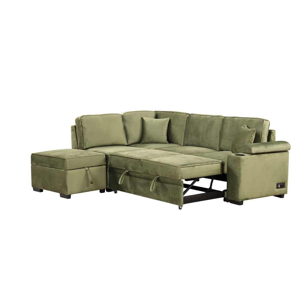 Green Velvet Sleeper Sofa Bed with Storage Ottoman, L Shape Pull Out Couch for Living Room and Bedroom - Grand Goldman Shop