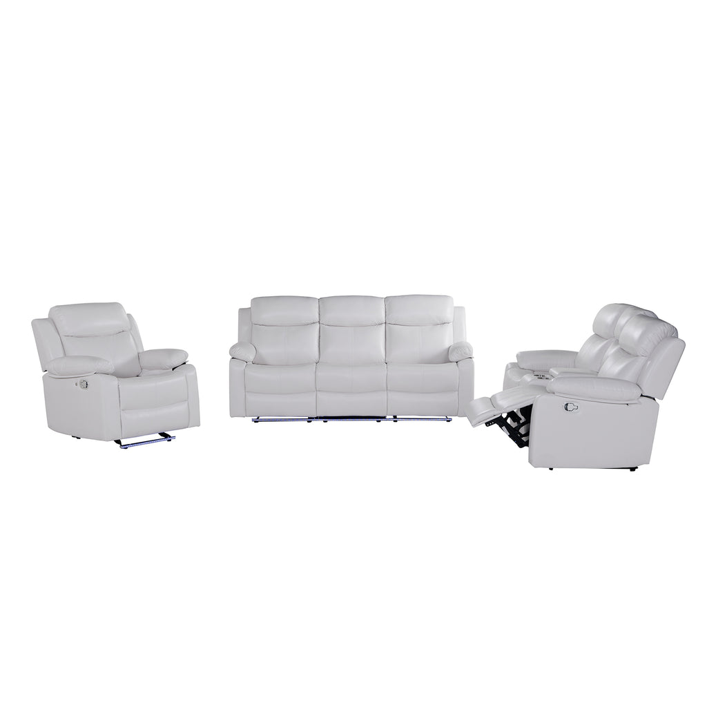 Blanche White 3PC Reclining Sofa and Loveseat with LED Lights, Speaker, Wood Frame, Medium Firm Seating, White - Grand Goldman Shop