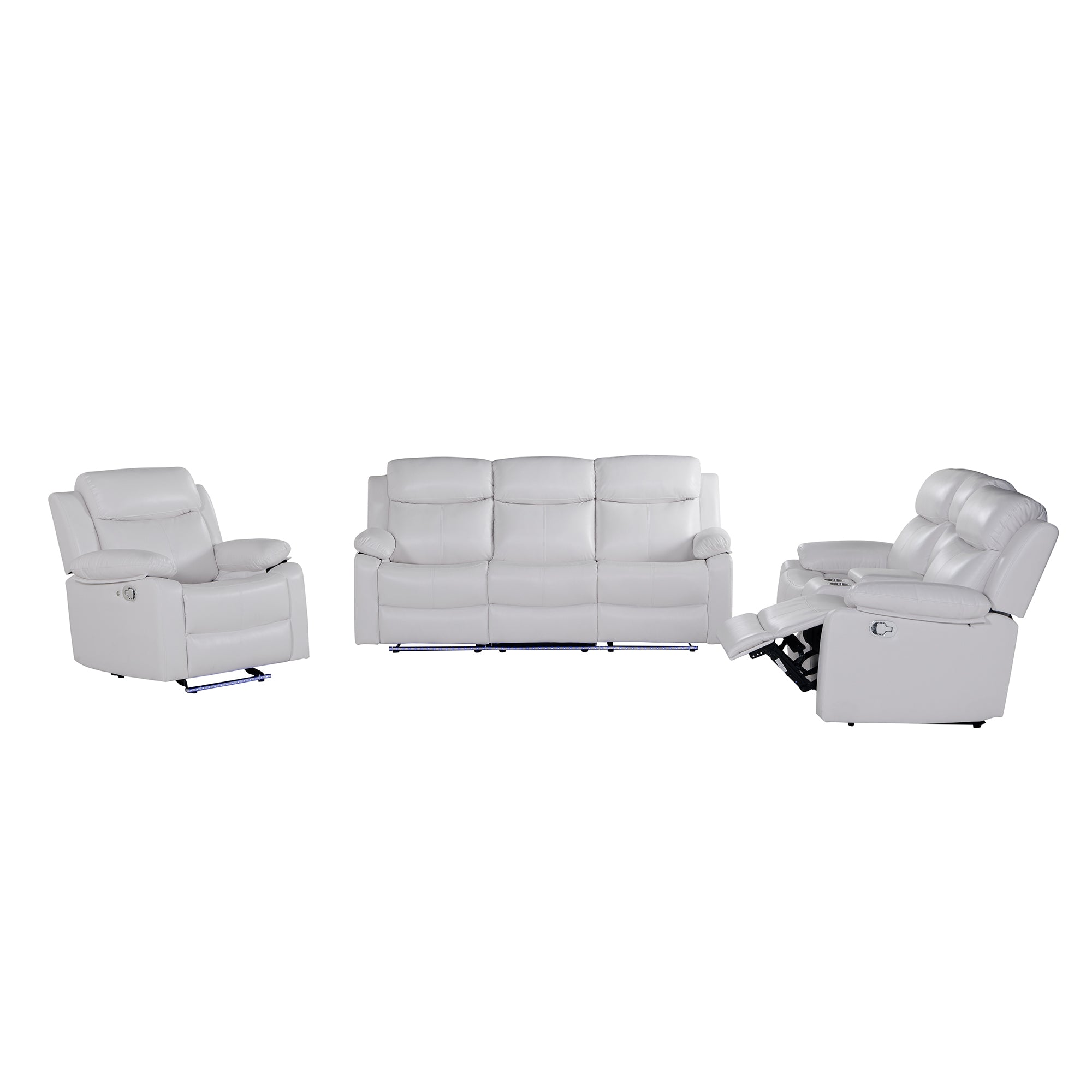Blanche White 3PC Reclining Sofa and Loveseat with LED Lights, Speaker, Wood Frame, Medium Firm Seating, White - Grand Goldman Shop