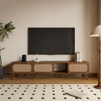 78' TV Stand for 75/80/85 inch TV with Walnut Finish, Ample Storage and Open Shelving in Solid Wood and Glass - Grand Goldman Shop