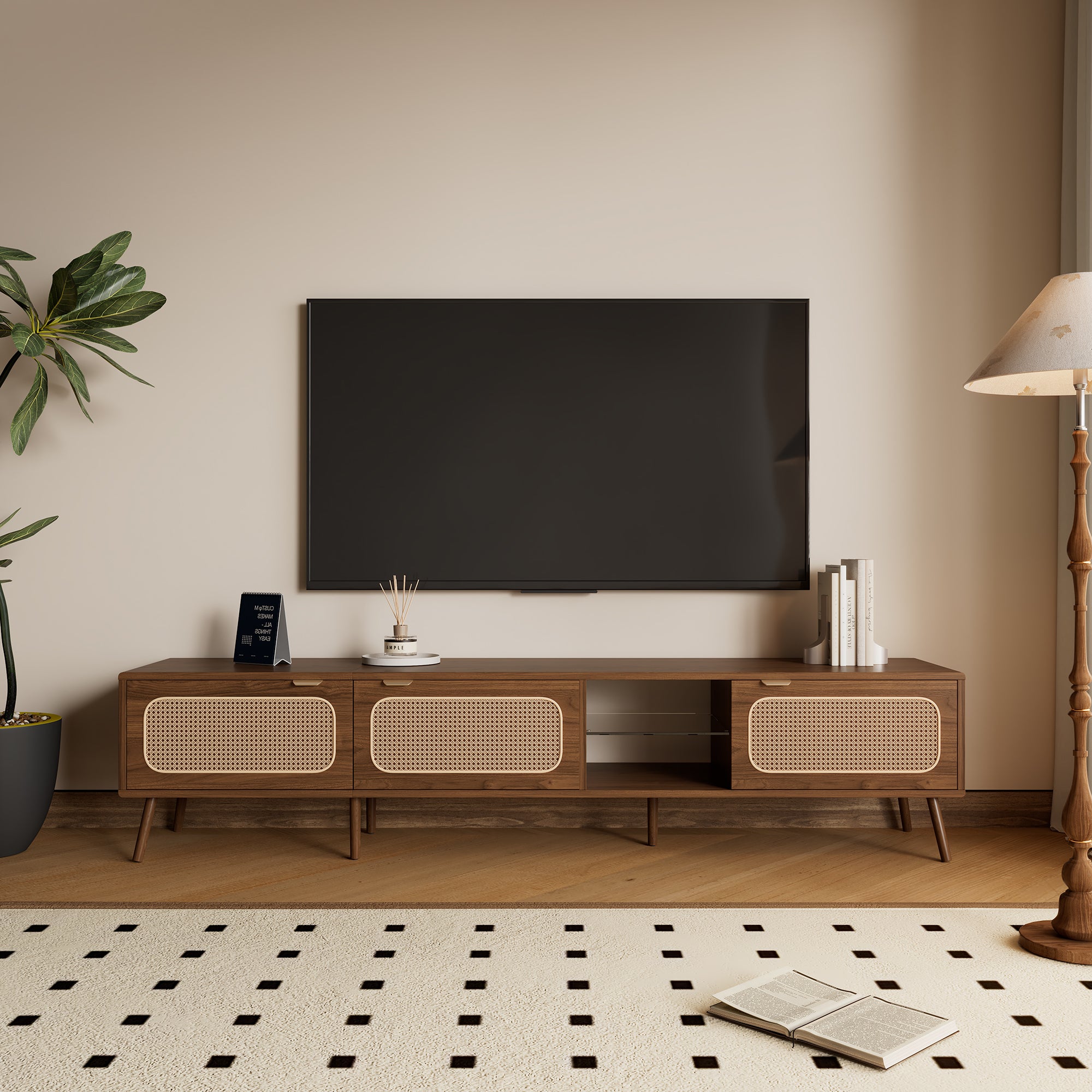 78' TV Stand for 75/80/85 inch TV with Walnut Finish, Ample Storage and Open Shelving in Solid Wood and Glass - Grand Goldman Shop