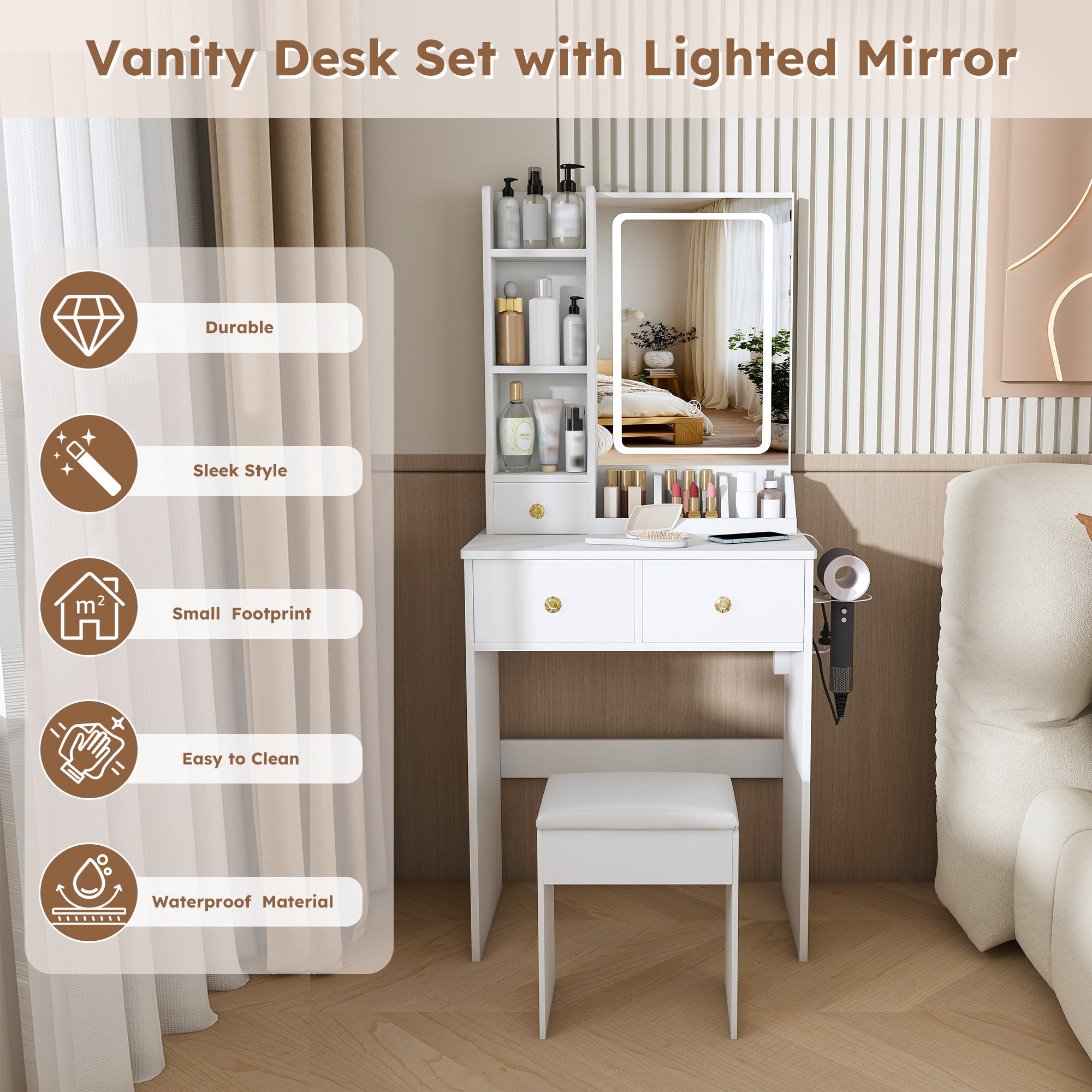 Modern White Vanity Desk with 3 LED Lighting Modes, 3 Drawers, Open Shelves, Hair Dryer Holder, and Dressing Chair - MDF Construction - Grand Goldman Shop