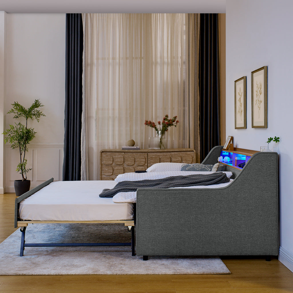 Grey Linen Upholstered Twin Sofa Bed with LED Lights, Storage Headboard, Foldable Trundle & Wireless Charging - Grand Goldman Shop