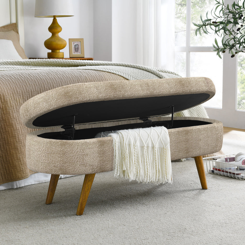 Ottoman Oval Storage Bench with Rubber Wood Legs, Gray Fabric, 43.5'x16'x16' - Grand Goldman Shop