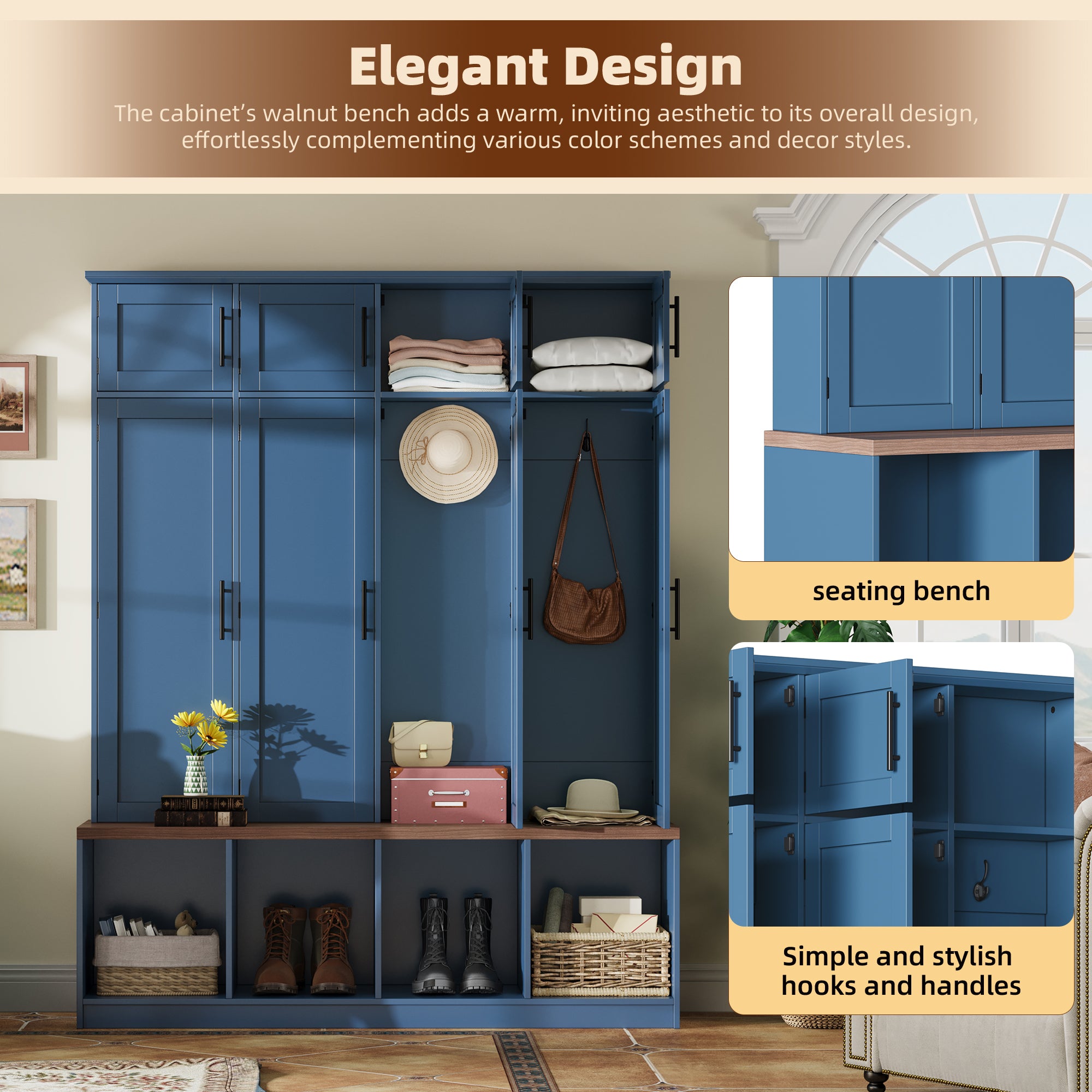 Farmhouse Hall Tree with 4 Hidden Hanging Hooks, Versatile Walnut Seating Bench with 8 Doors, Entryway Shoe Cabinet with Open Compartment for Living Room, Blue (OLD SKU:N721S000059C) - Grand Goldman Shop